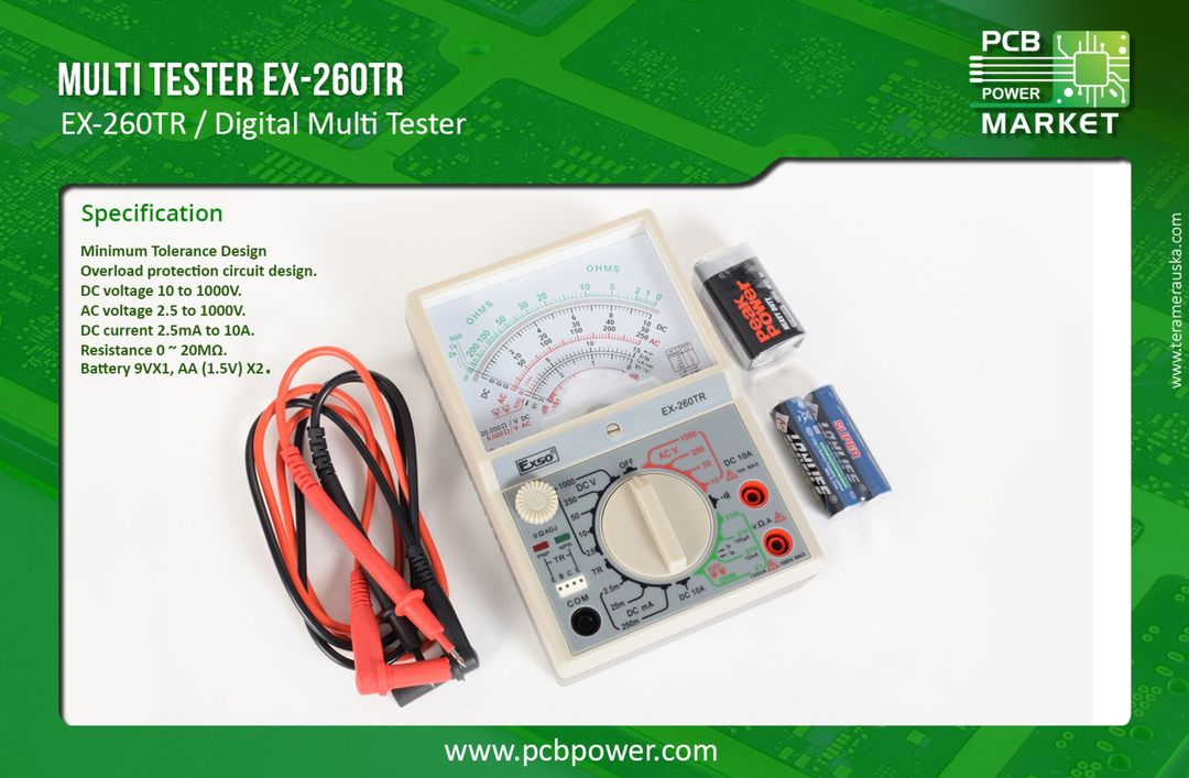 #MULTITESTER EX-260TR
Minimum Tolerance Design
Overload protection #circuit design.
#DC voltage 10 to 1000V.
#AC voltage 2.5 to 1000V.
DC current 2.5mA to 10A.
#Resistance 0 ~ 20MΩ.
#Battery 9VX1, AA (1.5V) X2.
http://www.pcbpower.com/single-product/224-multi-tester-ex-260tr