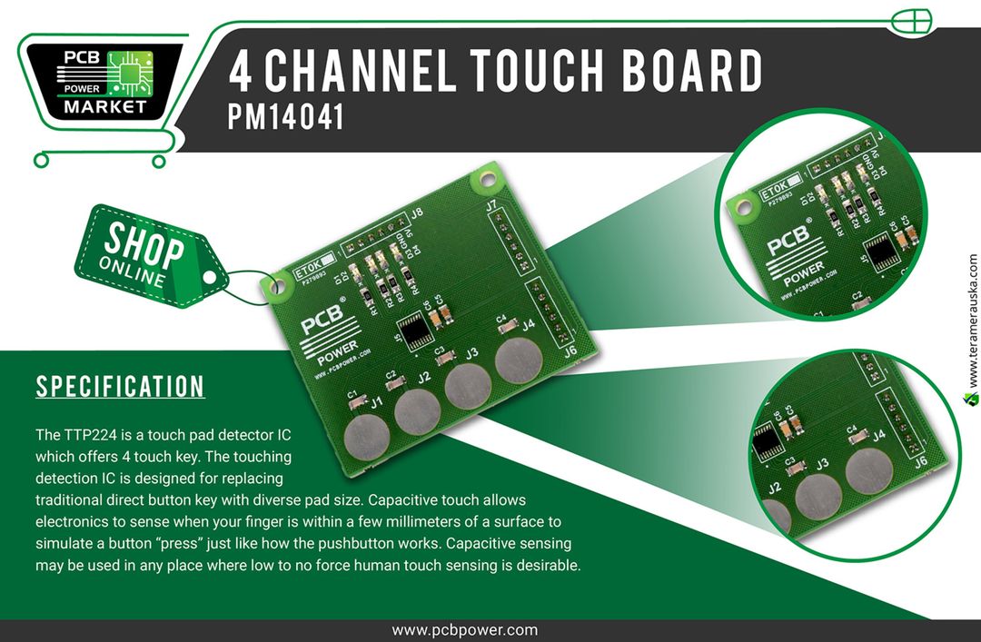 This board includes Touch Sensor via capacitive touch electrodes on PCB. Replaces your mechanical contacts switches via touch switches. https://goo.gl/AwmTHN
#4ChannelTouchBoard
#Electronics #Component #Resistor #RaspberryPi #PCBFabrication #PCBLayout #PowerStencils #RFMaterial