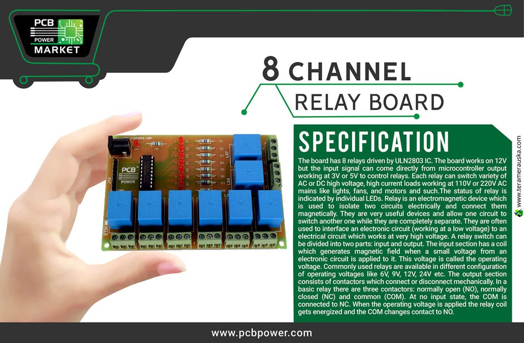 8 Channel Relay Board - PCB Power Market
Control A.C/D.C Load via Relay board. This board contains 8 channel relay controllable via ULN2803 Driver. https://goo.gl/bWYNT7
#8ChannelRelayBoard #PCBAssembly #TurnKeyAssembly #ConsignedAssembly #PartiallyConsignedAssembly #Electronics #Components #Resistor #RaspberryPi #PCBFabrication #PCBLayout #PowerStencils