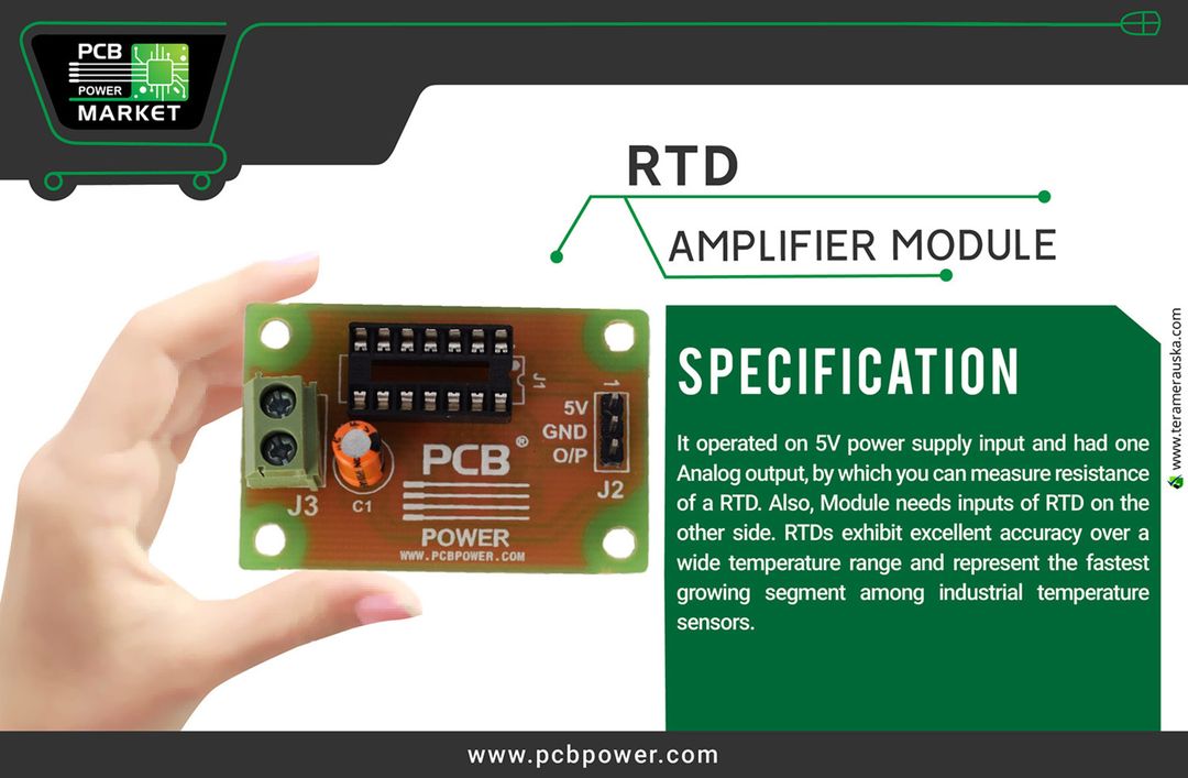 RTD Amplifier Module https://goo.gl/k2H5tD
It operated on 5 V power supply input and had one Analog output, by which you can measure resistance of a RTD. 
#RTDAmplifierModule #PCBAssembly #TurnKeyAssembly #ConsignedAssembly #PartiallyConsignedAssembly #Electronics #Components #Resistor #RaspberryPi #PCBFabrication #PCBLayout #PowerStencils