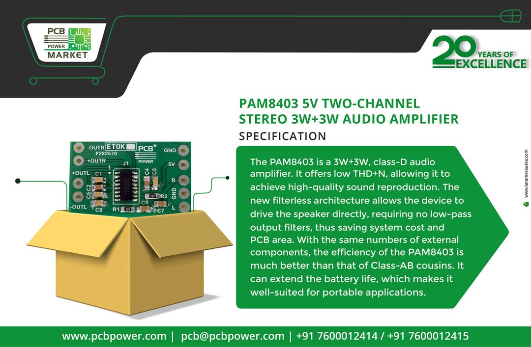 PAM8403 5V Two-channel Stereo 3W+3W Audio Amplifier https://goo.gl/uyKh9z
The PAM8403 is a 3W+3W, class-D audio amplifier. It offers low THD+N, allowing it to achieve high-quality sound reproduction. The new filterless architecture allows the device to drive the speaker directly, requiring no low-pass output filters, thus saving system cost and PCB area. With the same numbers of external components, the efficiency of the PAM8403 is much better than that of Class-AB cousins. It can extend the battery life, which makes it well-suited for portable applications.
#PCBAssembly #TurnKeyAssembly #ConsignedAssembly #PartiallyConsignedAssembly #Electronics #Components #Resistor #RaspberryPi #PCBFabrication #PCBLayout