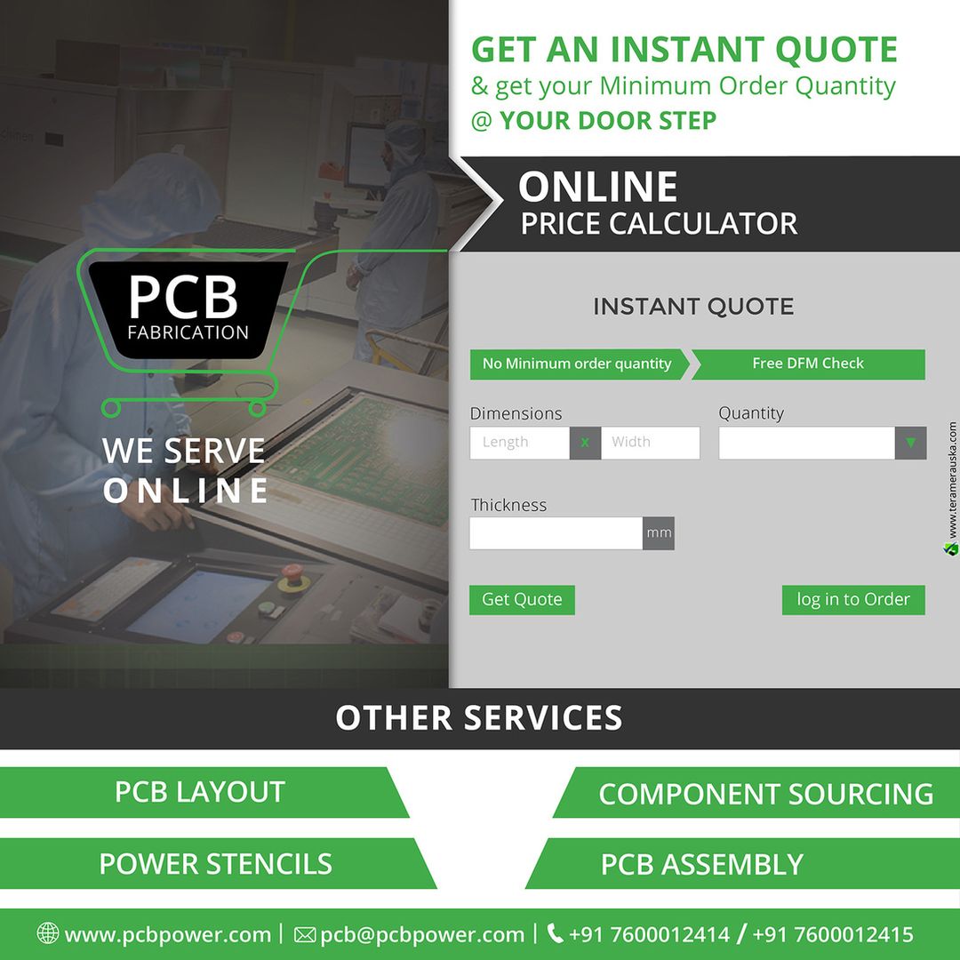 Get an instant quote & get your minimum order quantity @ your doorstep. https://goo.gl/obporX
#PCBFabrication
#OnlinePricecalculator
#PCBAssembly #TurnKeyAssembly #ConsignedAssembly #PartiallyConsignedAssembly #Electronics #Components #Resistor #RaspberryPi #PCBFabrication #PCBLayout
