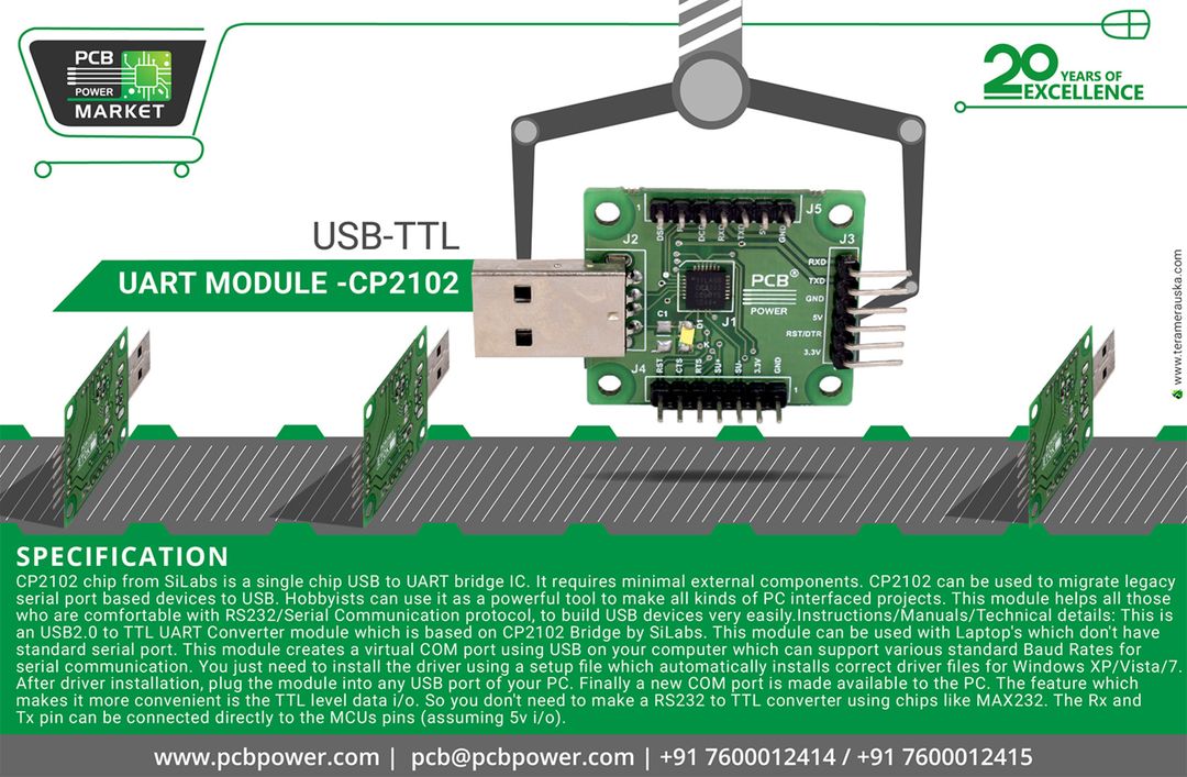 USB-TTL UART MODULE-CP2102 https://goo.gl/W1hN9E
Communicate your PC with microcontroller easily. Direct 5V/3V level UART (RX/TX) pins, Create virtual serial COM port on PC.
#UARTMODULE
#PCBFabrication #OnlinePricecalculator #PCBAssembly #TurnKeyAssembly #ConsignedAssembly #PartiallyConsignedAssembly #Electronics #Components #Resistor #RaspberryPi #PCBLayout #IAmdavad