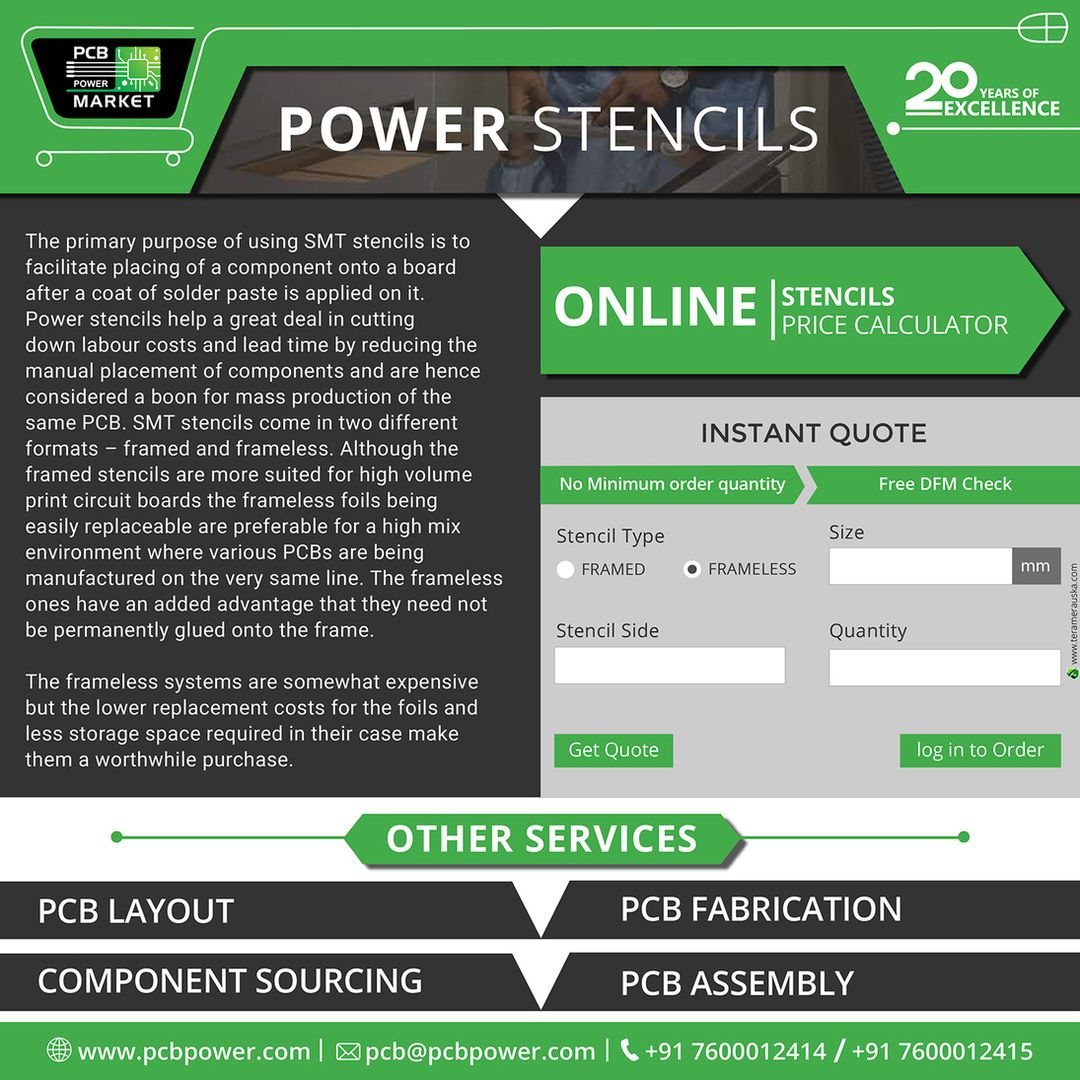 Power Stencils https://goo.gl/o4sY7A
Power stencils help a great deal in cutting down labor costs and lead time by reducing the manual placement of components and are hence considered a boon for mass production of the same PCB.
#PowerStencils
#PCBFabrication #OnlinePricecalculator #PCBAssembly #TurnKeyAssembly #ConsignedAssembly #PartiallyConsignedAssembly #Electronics #Components #Resistor #RaspberryPi #PCBLayout #IAmdavad