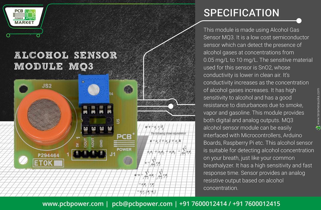 It has good sensitivity to alcohol in wide range, and has advantages such as long lifespan, low cost and simple drive circuit &etc. https://goo.gl/ES2aLq
#AlcoholSensorModuleMQ3
#PCBFabrication #OnlinePricecalculator #PCBAssembly #TurnKeyAssembly #ConsignedAssembly #PartiallyConsignedAssembly #Electronics #Components #Resistor #RaspberryPi #PCBLayout #IAmdavad