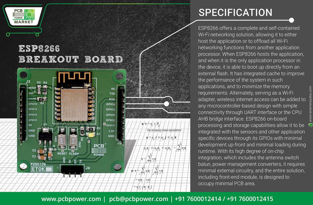 ESP8266 BREAKOUT BOARD https://goo.gl/TsjKvm
ESP8266 offers a complete and self-contained Wi-Fi networking solution, allowing it to either host the application or to offload all Wi-Fi networking functions from another application processor. 
#PCBFabrication #OnlinePricecalculator #PCBAssembly #TurnKeyAssembly #ConsignedAssembly #PartiallyConsignedAssembly #Electronics #Components #Resistor #RaspberryPi #PCBLayout #IAmdavad