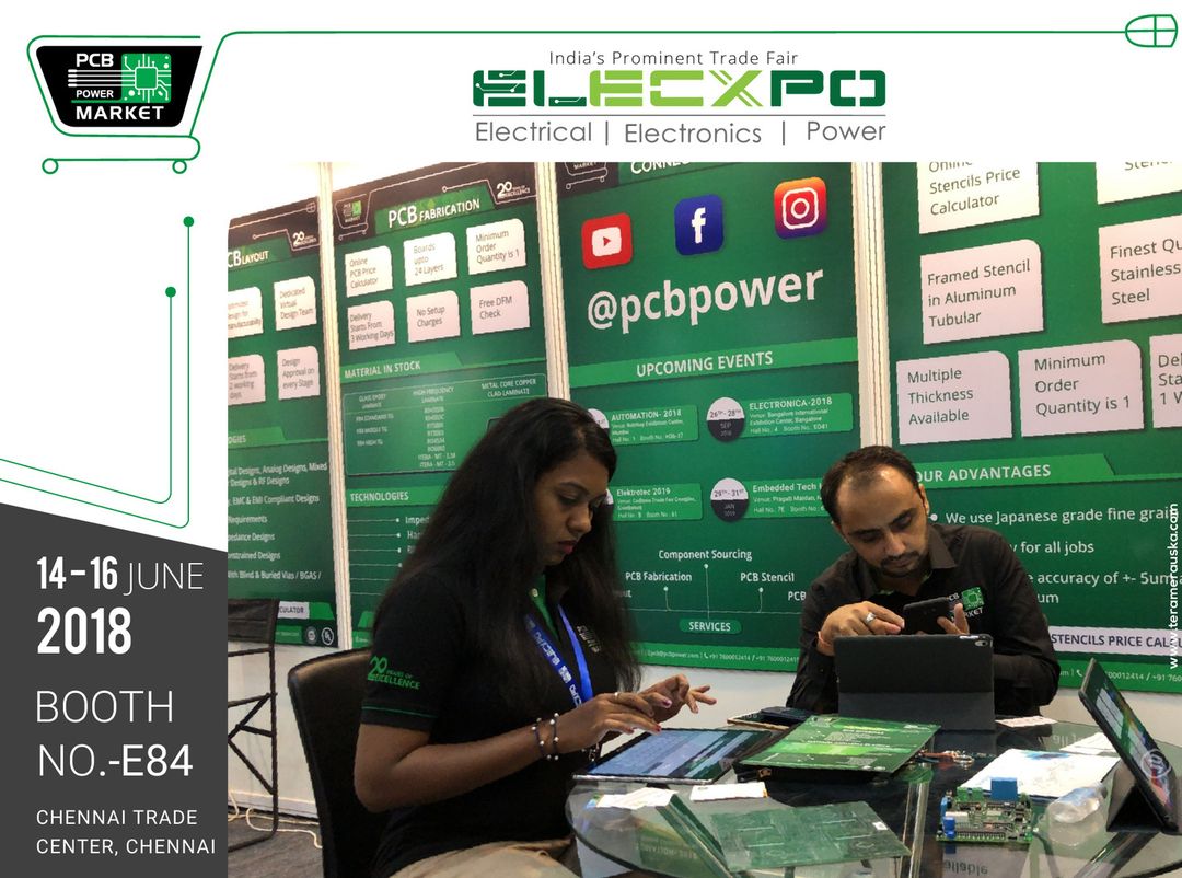 ELECXPO - DAY 2
Empowering The Innovation @ Elecxpo
PCB POWER MARKET
14 - 16 JUNE 2018
Meet us @ Booth No: E84
Chennai Trade Center, Chennai
#EmpoweringTheInnovation #Elecxpo #Chennai #PCBFabrication #OnlinePricecalculator #PCBAssembly #TurnKeyAssembly #ConsignedAssembly #PartiallyConsignedAssembly #Electronics #Components #Resistor #RaspberryPi #PCBLayout #IAmdavad