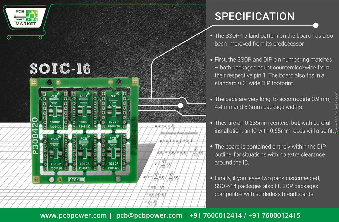 16-Pin SSOP to DIP Adapter is a small PCB that lets you adapt 14 and 16-pin SSOP packages to a DIP footprint. 
https://goo.gl/x4zZ3w
#SOIC16 #SSOP
#PCBFabrication #OnlinePricecalculator #PCBAssembly #TurnKeyAssembly #ConsignedAssembly #PartiallyConsignedAssembly #Electronics #Components #Resistor #RaspberryPi #PCBLayout #IAmdavad