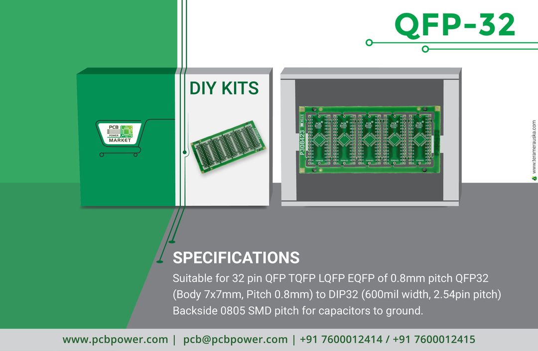 Suitable for 32 pin QFP TQFP LQFP EQFP of 0.8mm pitch QFP32(Body 7x7mm, Pitch 0.8mm) to DIP32(600mil width,2.54pin pitch) Backside 0805 SMD pitch for capacitors to ground.
https://bit.ly/2IyO5Dz
#PCBFabrication #OnlinePricecalculator #PCBAssembly #TurnKeyAssembly #ConsignedAssembly #PartiallyConsignedAssembly #Electronics #Components #Resistor #PCBLayout #IAmdavad #QFP32 #Technology