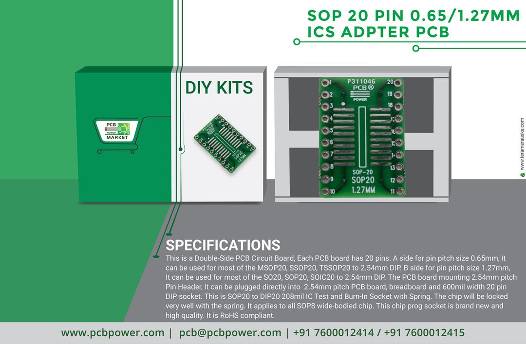 This is a Double-Side PCB Circuit Board, Each PCB board has 20 pins. A side for pin pitch size 0.65mm, It can be used for most of the MSOP20, SSOP20, TSSOP20 to 2.54mm DIP. B side for pin pitch size 1.27mm, It can be used for most of the SO20, SOP20, SOIC20 to 2.54mm DIP. 
https://bit.ly/2yTR2PL
#PCBFabrication #OnlinePricecalculator #PCBAssembly #TurnKeyAssembly #ConsignedAssembly #PartiallyConsignedAssembly #Electronics #Components #Resistor #PCBLayout #IAmdavad #Technology #PCBPowerMarket #SO20 #SOP20 #SOIC20