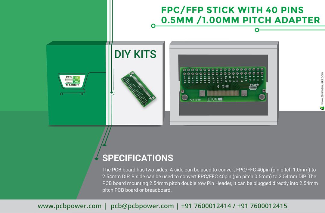 FPC/FFP Stick with 40 pins 0.5mm /1.00mm Pitch Adapter

The PCB board has two sides. A side can be used to convert FPC/FFC 40pin (pin pitch 1.0mm) to 2.54mm DIP. B side can be used to convert FPC/FFC 40pin (pin pitch 0.5mm) to 2.54mm DIP. The PCB board mounting 2.54mm pitch double row Pin Header, It can be plugged directly into 2.54mm pitch PCB board or breadboard.
https://bit.ly/2yYwYvs
#PCBFabrication #OnlinePricecalculator #PCBAssembly #TurnKeyAssembly #ConsignedAssembly #PartiallyConsignedAssembly #Electronics #Components #Resistor #PCBLayout #IAmdavad #Technology #PCBPowerMarket #FPC #FFP