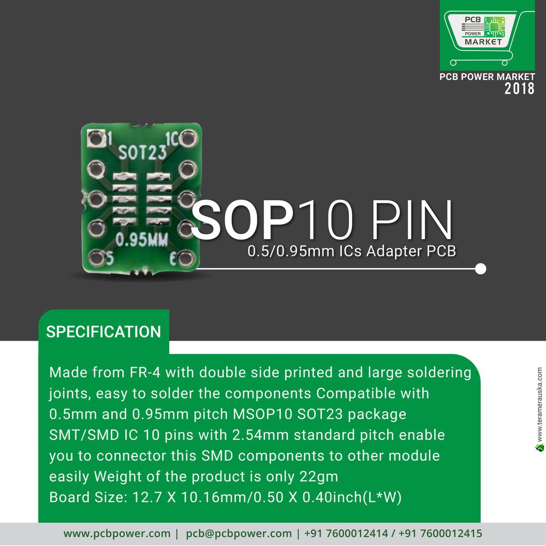 SOP 10 pin 0.5/0.95mm ICs Adapter PCB
Made from FR-4 with double side printed and large soldering joints, easy to solder the components Compatible with 0.5mm and 0.95mm pitch MSOP10 SOT23 package SMT/SMD IC 10 pins with 2.54mm standard pitch enable you to connector this SMD components to other module easily Weight of the product is only 22gm Board Size: 12.7 X 10.16mm/0.50 X 0.40inch(L*W)
https://www.pcbpower.com/
#PCBFabrication #OnlinePricecalculator #PCBAssembly #TurnKeyAssembly #ConsignedAssembly #PartiallyConsignedAssembly #Electronics #Components #Resistor #PCBLayout #IAmdavad