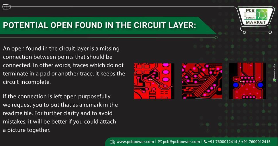 An open found in the circuit layer in a missing connection between points that should be connected. 
To know more refer the following.

https://www.pcbpower.com/

#pcbmanufacturer #pcbassembly #assembly #electronics #components #resistor #pcblayout #pcbfabrication #printedcircuitboard #pcbmanufacturinginindia #pcbfabricationprocess #pcbboardmaterial #pcbonlinecalculator #pcbelectroniccircuitboard #pcbonlinestore #pcbcomponentsourcingmaterial #pcbassemblyprocess #elektrotec #circuits #assembler #resistors #openal