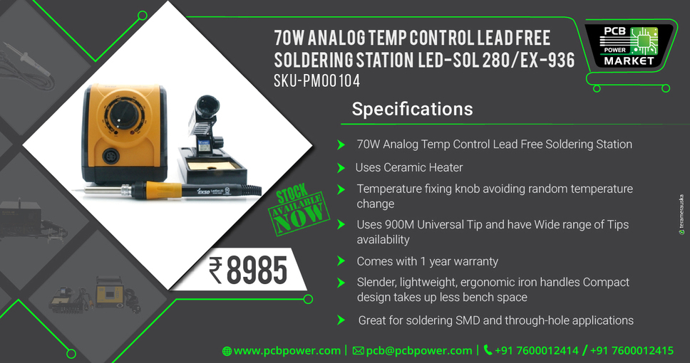 SOLDERING STATION EX-936/Led-Sol 280
Order Online, https://www.pcbpower.com/single-product/207-soldering-station-ex-936-led-sol-280
Now available at 8985/- Only

https://www.pcbpower.com/

#components #scienceandenvironment #assembler #booths #manufacturing #powermarkets #resistors #pcbmanufacturer #pcbassembly #assembly #electronics #resistor #pcblayout #pcbfabrication #printedcircuitboard #pcbmanufacturinginindia #pcbfabricationprocess #pcbboardmaterial #pcbonlinecalculator #pcbelectroniccircuitboard #pcbonlinestore #pcbcomponentsourcingmaterial #pcbassemblyprocess #elektrotec