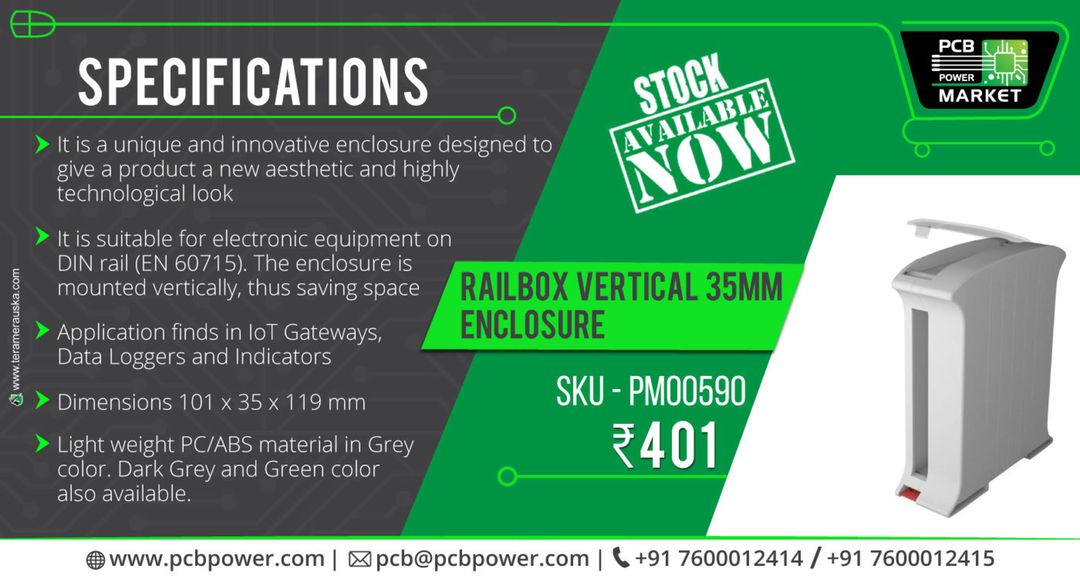 RAILBOX VERTICAL 35MM ENCLOSURE
SKU-PM00590

Stock Available Order Now! Only ₹ 401/- https://www.pcbpower.com/single-product/425-p10000292d

Specifications of Railbox Vertical 35MM Enclosure - It is a unique and innovative enclosure designed to give a product a new aesthetic and highly technological look.
- It is suitable for electronic equipment on DIN rail (EN 60715). The enclosure is mounted vertically, thus saving space.
- Application finds in IoT Gateways, Data Loggers and Indicators.
- Dimensions 101 x 35 x 119 mm
- Light weight PC/ABS material in Grey color. Dark Grey and Green color also available.

Visit website: https://pcbpower.com
Email: pcb@pcbpower.com | Call: +91-7600012414, 15

#components #scienceandenvironment #onlineshopping #assembler #booths #manufacturing #powermarkets #resistors #pcbmanufacturer #pcbassembly #assembly #electronics #pcblayout #pcbfabrication #printedcircuitboard #teramerauska #pcbmanufacturinginindia #pcbfabricationprocess #RAILBOX

Ahmedabad, India Gandhinagar, Gujarat Mumbai, Maharashtra Chennai, India Delhi, India Banglore Pune, Maharashtra Udaipur, Rajasthan Jaipur, Rajasthan Smart-City-Raipur Dehradoon Telangana Gurugram Gurugram City