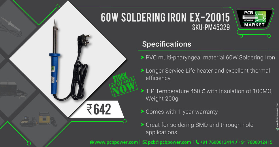 60W SOLDERING IRON EX-20015
SKU-PM45329

Stock Available Order Now! Only ₹ 642/- https://www.pcbpower.com/single-product/27116-60w-soldering-iron-ex-20015

Specifications
- PVC multi-pharyngeal material 60W Soldering Iron
- Longer Service Life heater and excellent thermal efficiency
- TIP Temperature 450° C with Insulation of 100 MΩ, Weight 200g
- Comes with 1 year warranty
- Great for soldering SMD and through-hole applications

Visit website: https://pcbpower.com
Email: pcb@pcbpower.com | Call: +91-7600012414, 15

#components #soldering #solderingiron #onlineshopping