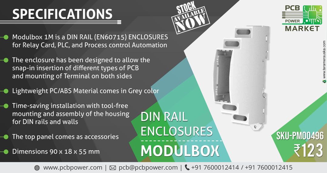 DIN RAIL ENCLOSURES MODULBOX
SKU-PM00496

Stock Available Order Now! Only ₹ 123/-
https://www.pcbpower.com/single-product/328-25-0101000-bl

Features - Modulbox 1M is a DIN RAIL (EN60715) ENCLOSURES for Relay Card, PLC, and Process control Automation - The enclosure has been designed to allow the snap-in insertion of different types of PCB and mounting of Terminal on both sides - Lightweight PC/ABS Material comes in Gray color - Time-saving installation with tool-free mounting and assembly of the housing for DIN rails and walls - The top panel comes as accessories - Dimensions 90*18*55 mm

Visit website: https://www.pcbpower.com
Email: pcb@pcbpower.com | Call: +91-7600012414, 15

#components #soldering #DesolderingStation #onlineshopping