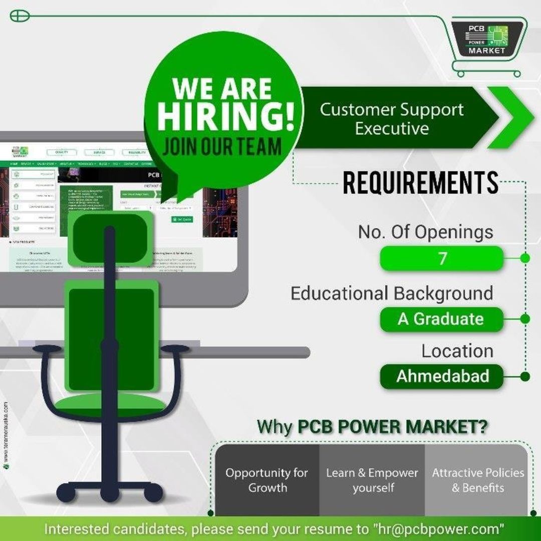 Great Opportunity to Join PCB Power Market!

We are hiring Customer Support Executive, 7 Vacancies, Location will be Ahmedabad

Join Our Team
Education: A Graduate

Interested candidates, please send your resume to 