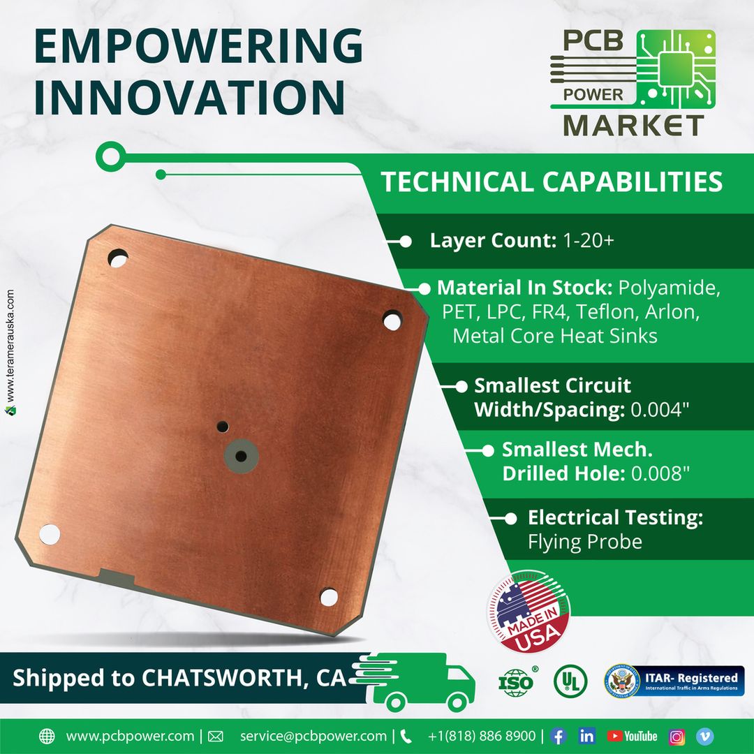 Empowering Innovation

Technical Capabilities - Layer Count: 1-20+
- Material In Stock: Polyamide, PET, LPC, FR4, Teflon, Arlon, Metal Core Heat Sinks
- Smallest Circuit Width/Spacing: 0.004