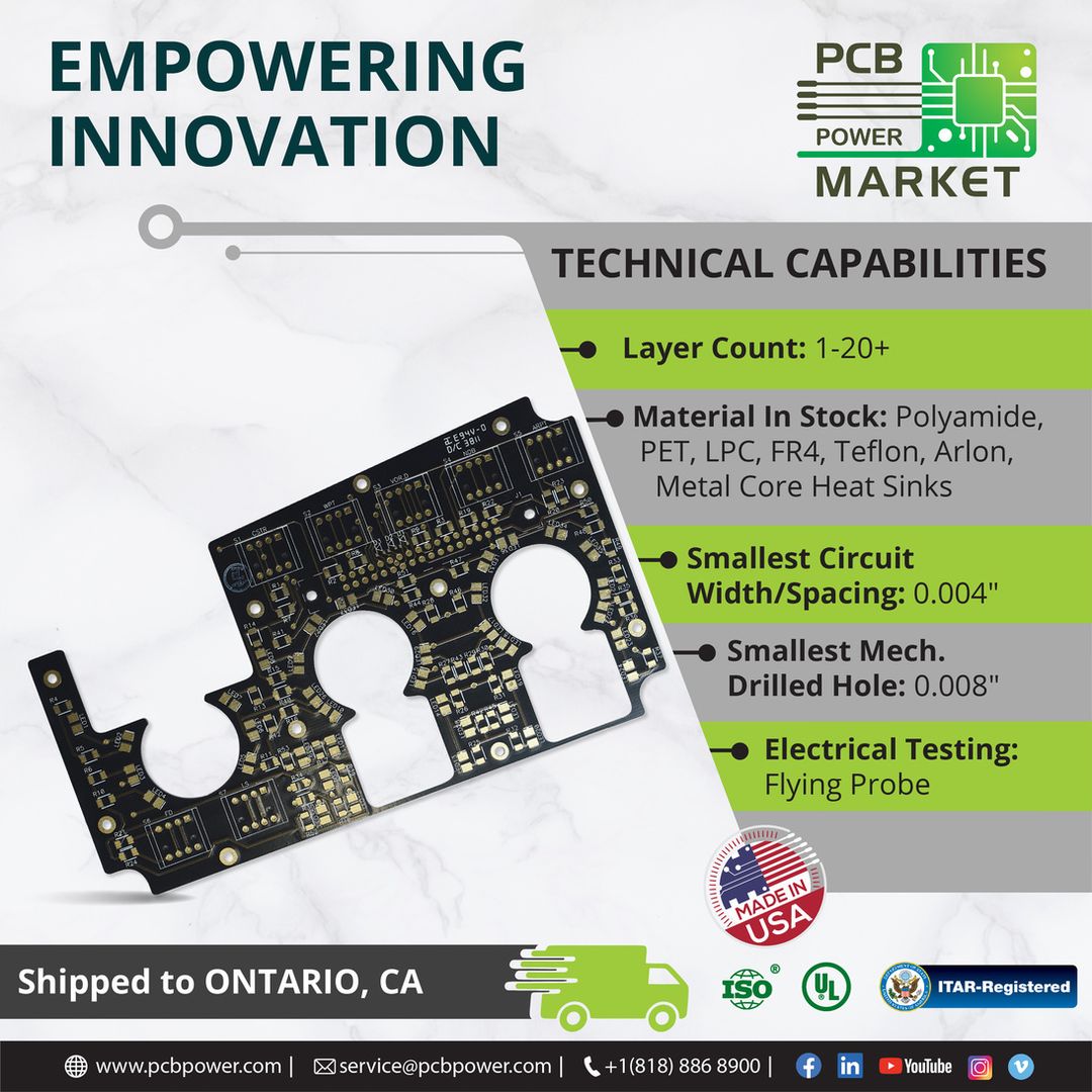 Empowering Innovation

Technical Capabilities - Layer Counter: 1-20+
- Material In Stock: Polyamide, PET, LPC, FR4, Teflon, Arlon, Metal Core Heat Sinks
- Smallest Circuit Width/Spacing: 0.004
