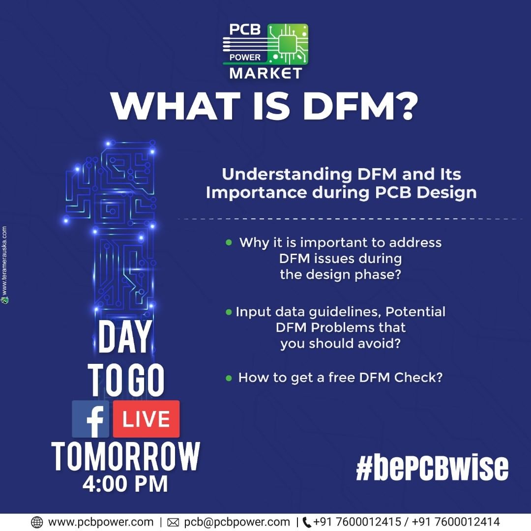 Stay tuned, hoping to see you tomorrow for a session, you definitely don't want to miss!

Meet an expert from PCB Power Market explaining:-

1. What is DFM
2. Why is it important to address DFM issues
3. Its input guidelines and
4. DFM problems to avoid

We will be live on 10th July and we will answer all your queries at the end of the session, as well.

https://www.pcbpower.com/

#bePCBwise #MakeInIndia #PCBPowerMarket #PCBAssembly #PCBManufacturing #pcbdesign #pcb #printedcircuitboard #electricalengineering #electronicsengineering #pcblayout #embeddedhardware #ceramicPCB #PCBsoldering