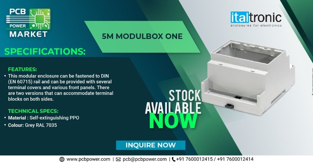 We can source various types of modular DIN rail (EN 60715) enclosures with several terminal covers and different front panels. We offer two types of 5M Modulboxs - 5M53 & 5MH53.
https://eng.italtronic.com/products/modulbox_one_en/5m_modulbox_one_en/
Please inquire for a 5M Modulebox one by calling us on +91 7600012415 or +91 7600012414 / email us on pcb@pcbpower.com

https://www.pcbpower.com/

#bePCBwise #MakeInIndia #PCBPowerMarket #PCBAssembly #PCBManufacturing #pcbdesign #pcb #printedcircuitboard #electricalengineering #electronicsengineering #pcblayout #embeddedhardware #ceramicPCB #PCBsoldering #LocalKoVocal
