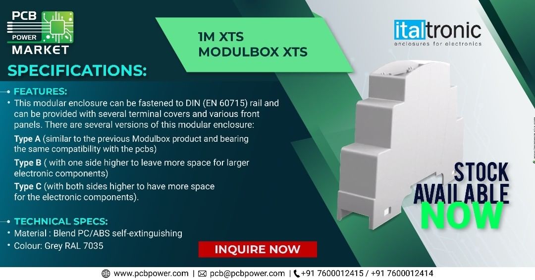 Enclosures for electronic instruments that can be hooked onto DIN rail (EN60715) according to DIN 43880 standards. 1 M XTS Modulbox is an example that is a popular choice among our customers. Email us at pcb@pcbpower.com to get your customized quote.

https://www.pcbpower.com/

https://eng.italtronic.com/products/modulbox_xts_en/1m_xts_modulbox_xts_en/

#BePCBWise #MakeInIndia #SupportMakeInIndia #pcbmanufacturers #electronics #pcbelectronics #pcbdesigners #PCBPowerMarket #pcbassembly #pcbmanufacturing #pcbdesign #pcb #printedcircuitboard #electricalengineering #electronicsengineering #pcblayout #ceramicpcb #pcbsoldering #LocalKoVocal #BeVocalForLocal