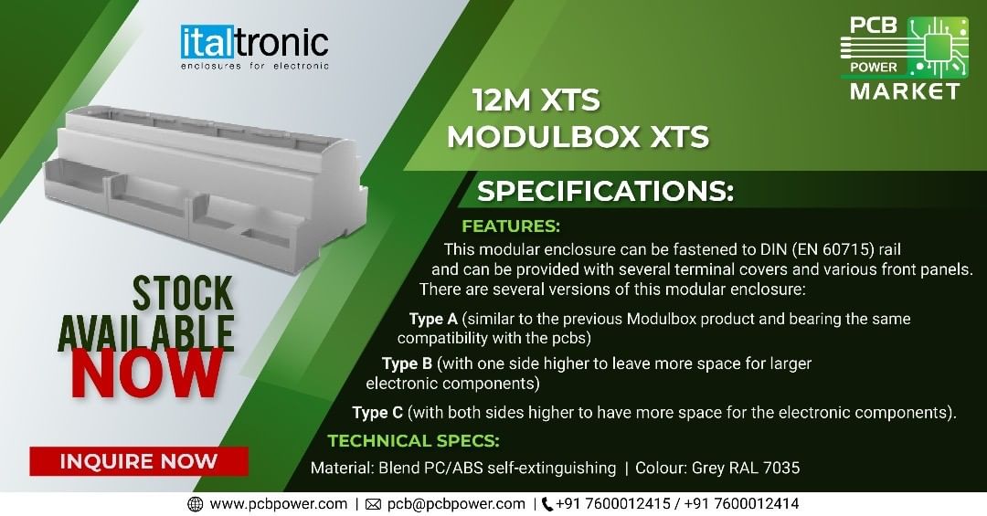 XTS series enclosures developed to exploit the concept of modularity fully. Wide range of matching options and possibilities which may satisfy any particular or specific Customers’ need.
This modular enclosure integrated to DIN (EN 60715) rail with several terminal covers and various front panels.
Stock Available, please Inquire Now!

https://www.pcbpower.com/
https://eng.italtronic.com/products/modulbox_xts_en/12m_xts_modulbox_xts_en/

#BePCBWise #MakeInIndia #SupportMakeInIndia #pcbmanufacturers #electronics #pcbelectronics #pcbdesigners #PCBPowerMarket #pcbassembly #pcbmanufacturing #pcbdesign #pcb #printedcircuitboard #electricalengineering #electronicsengineering #pcblayout #ceramicpcb #pcbsoldering #LocalKoVocal #BeVocalForLocal