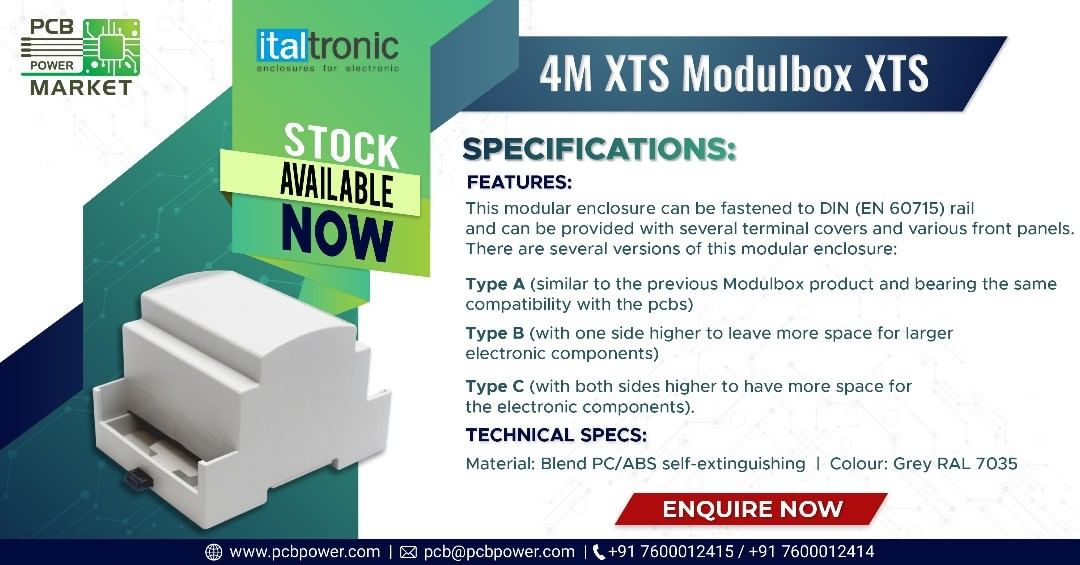 Modulbox XTS Series is characterized by the possibility to mount the enclosure itself without screws, by a great variety of modular sizes, a diverse range of front panels, machining, and silk printing processes, specific panels, lead sealed protection panels, terminal covers, and specific terminals.

4M XTS Modulbox XTS is a great example of this https://eng.italtronic.com/products/modulbox_xts_en/4m_xts_modulbox_xts_en/ Enquire now to know more.

https://www.pcbpower.com/Pcbpower/sign-in

#BePCBWise #MakeInIndia #SupportMakeInIndia #Aatmnirbhar #pcbmanufacturers #electronics #pcbelectronics #pcbdesigners #PCBPowerMarket #pcbassembly #pcbmanufacturing #pcbdesign #pcb #printedcircuitboard #electricalengineering #electronicsengineering #pcblayout #ceramicpcb #pcbsoldering #LocalKoVocal #BeVocalForLocal