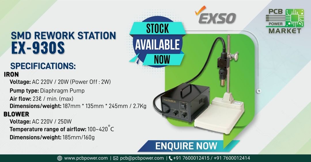 Experience easy desoldering solutions with the Exso SMD Rework Station EX-930S.
Enquire now!

http://exso.co.kr/ex-930s/

https://www.pcbpower.com/Pcbpower/sign-in

#BePCBWise #MakeInIndia #SupportMakeInIndia #pcbmanufacturers #electronics #pcbelectronics #pcbdesigners #PCBPowerMarket #pcbassembly #pcbmanufacturing #pcbdesign #pcb #printedcircuitboard #electricalengineering #electronicsengineering #pcblayout #ceramicpcb #pcbsoldering #LocalKoVocal #BeVocalForLocal