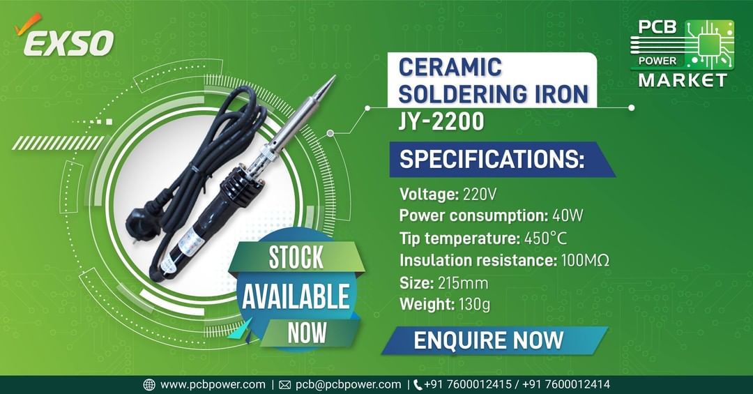 Experience easy soldering with the Exso Ceramic Soldering Iron JY-2200. Enquire now!
To know more, please go and check our website.

https://www.pcbpower.com/Pcbpower/sign-in

#BePCBWise #MakeInIndia #SupportMakeInIndia #pcbmanufacturers #electronics #pcbelectronics #pcbdesigners #PCBPowerMarket #pcbassembly #pcbmanufacturing #pcbdesign #pcb #printedcircuitboard #electricalengineering #electronicsengineering #pcblayout #ceramicpcb #pcbsoldering #LocalKoVocal #BeVocalForLocal