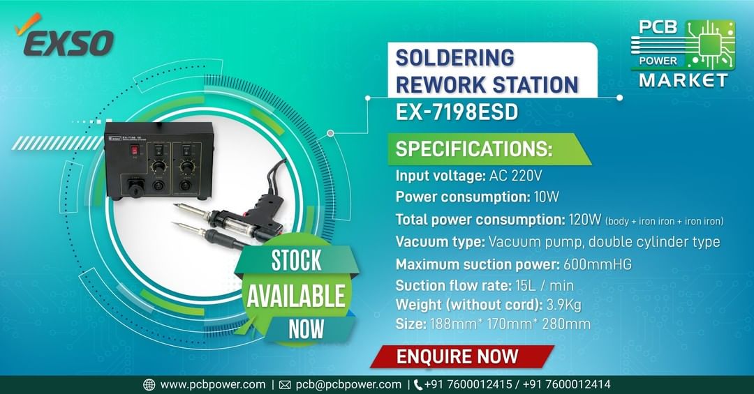 Get easy desoldering by Rework Station EX-7198ESD ModelEX-7198ESD with an input voltage of AC 220V, the power consumption of 10W and the maximum suction power of 600mmHG.

Enquire now to know more!
http://exso.co.kr/ex-7198esd/

#BePCBWise #MakeInIndia #SupportMakeInIndia #pcbmanufacturers #electronics #pcbelectronics #pcbdesigners #PCBPowerMarket #pcbassembly #pcbmanufacturing #pcbdesign #pcb #printedcircuitboard #electricalengineering #electronicsengineering #pcblayout #ceramicpcb #pcbsoldering #LocalKoVocal #BeVocalForLocal