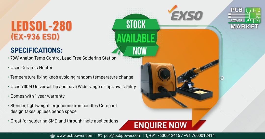 Get easy soldering done by Analog Multipurpose Soldering iron LEDSOL-280 with an output voltage of AC 220V, the power consumption of 70W. Enquire now!

For more product details, check the URL below.
http://exso.co.kr/ledsol-280/

For more information, visit our website.
https://www.pcbpower.com/

#SupportMakeInIndia #pcbmanufacturers #electronics #pcbelectronics #pcbdesigners #PCBPowerMarket #pcbassembly #pcbmanufacturing #pcbdesign #pcb #printedcircuitboard #electricalengineering #electronicsengineering #pcblayout #ceramicpcb #pcbsoldering #LocalKoVocal #BeVocalForLocal