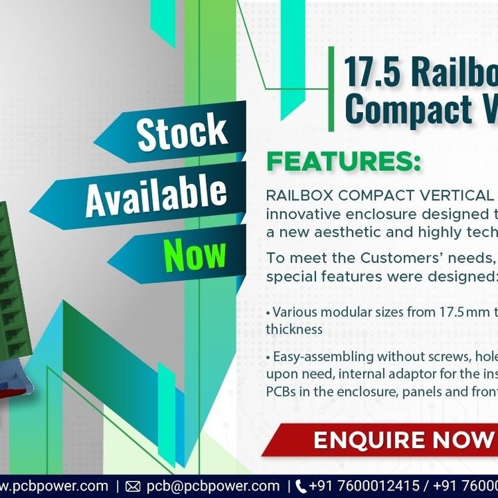 17.5 Railbox compact vertical is suitable for electronic equipment on DIN rail (EN 60715). The enclosure is mounted vertically, thus saving space.

Technical specs
Poles number 17 x 2, pitch 5/ 5.08
Material Blend PC/ABS self-extinguishing
Colour Green, Dark Grey, Grey, Special color on request
Sizes 79x101x17.5

Stock available, Enquire now!
https://eng.italtronic.com/products/railbox_compact_vertical_en/175_railbox_compact_vertical_en/

For more information, visit our website.
https://www.pcbpower.com/

#SupportMakeInIndia #pcbmanufacturers #electronics #pcbelectronics #pcbdesigners #PCBPowerMarket #pcbassembly #pcbmanufacturing #pcbdesign #pcb #printedcircuitboard #electricalengineering #electronicsengineering #pcblayout #ceramicpcb #pcbsoldering #LocalKoVocal #BeVocalForLocal