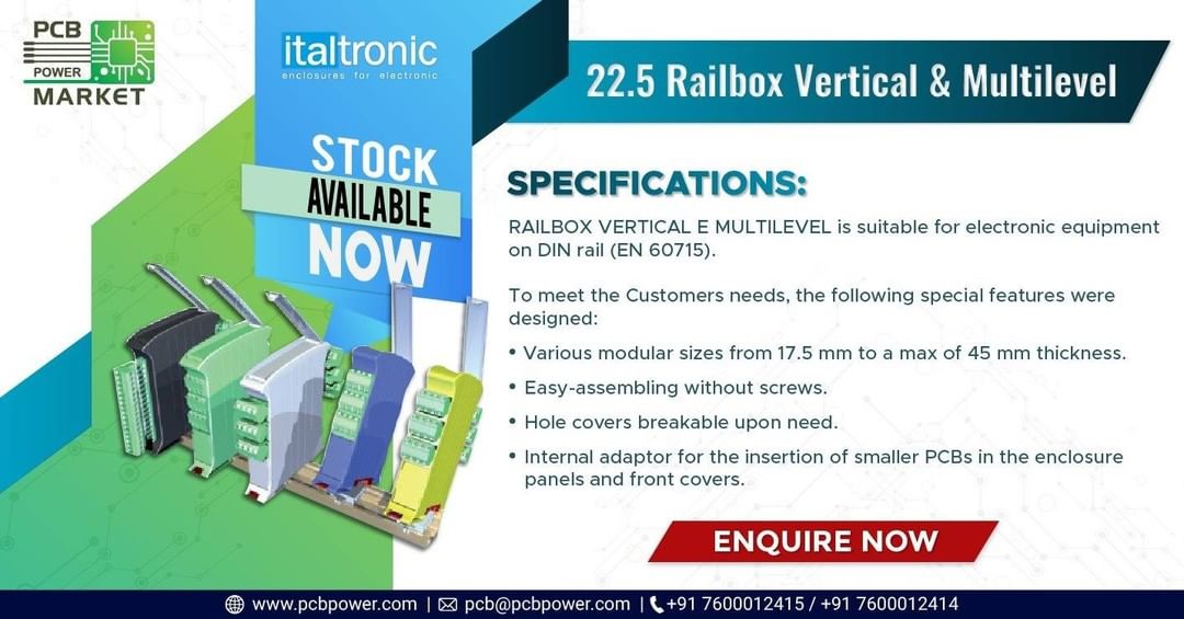 RAILBOX VERTICAL E MULTILEVEL is a unique and innovative enclosure designed to give a product a new aesthetic and highly technological look. The enclosure is mounted vertically, thus saving space. An expansion spacer is available to increase the size and allow the insertion of additional PCBs.

Stock available, Enquire now!
https://eng.italtronic.com/products/railbox_vertical__multilevel_en/225_railbox_vertical__multilevel_en/

For more information, visit our website.
https://www.pcbpower.com/

#SupportMakeInIndia #pcbmanufacturers #electronics #pcbelectronics #pcbdesigners #PCBPowerMarket #pcbassembly #pcbmanufacturing #pcbdesign #pcb #printedcircuitboard #electricalengineering #electronicsengineering #pcblayout #ceramicpcb #pcbsoldering #LocalKoVocal #BeVocalForLocal