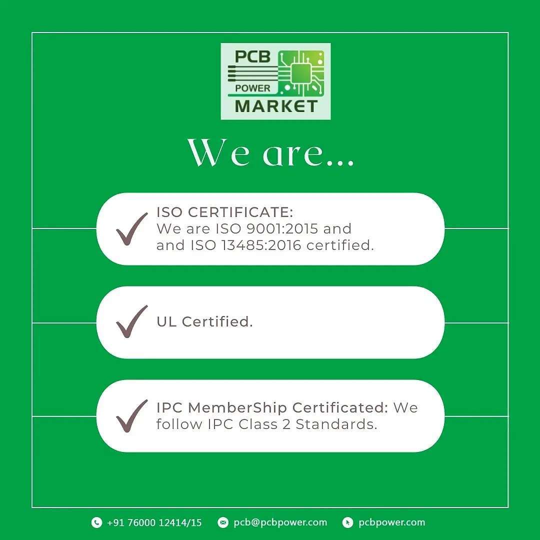 How Do These Certifications Help You? 

The certifications are as much an achievement for our customers and associates as they are
for the PCB Power Market team. With the certificates in place, our customers now get: 

1. Assurance of Quality at Scale: Our systems are certified to deliver consistent quality.
2. Value Creation: Our products and services exhibit robust performance for comparable market prices.
3. Global Standards: Our offerings stand at par with updated global standards.
4. Innovative Partnerships: Our customers can work to assure that they have partnered with a company investing that actively invests in innovation.

To know more about how PCB Power Market can help you with its certified processes and
offerings, connect with one of our experts.

#certification #training #iso #certificate #cybersecurity #certified #isocertification #auditor #ulcertification #certificationbody  #innovation #improvemen #isocertificationbody #isoaudit #compliance #ipcmembership #ulcertificate #BePCBWise #MakeInIndia #SupportMakeInIndia #pcbmanufacturers #pcbelectronics #pcbdesigners #PCBPowerMarket #pcb #easeofordering #pcbassembly #pcbmanufacturing #pcbprototype #BePcbWise