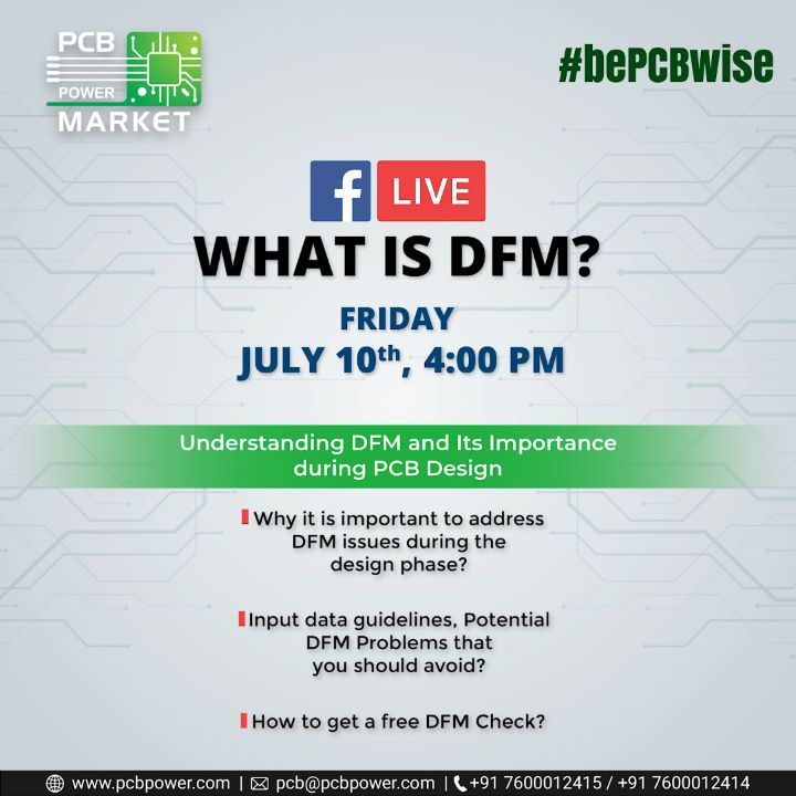 A session, you definitely don't want to miss!

Meet an expert from PCB Power Market explaining:-

1) What is DFM
2) Why is it important to address DFM issues
3) Its input guidelines and
4) DFM problems to avoid

We will be live on 10th July and we will answer all your queries at the end of the session, as well.

https://www.facebook.com/events/905898613209393/

https://www.pcbpower.com/

#bePCBwise #MakeInIndia #PCBPowerMarket #PCBAssembly #PCBManufacturing #pcbdesign #pcb #printedcircuitboard #electricalengineering #electronicsengineering #pcblayout #embeddedhardware #ceramicPCB #PCBsoldering