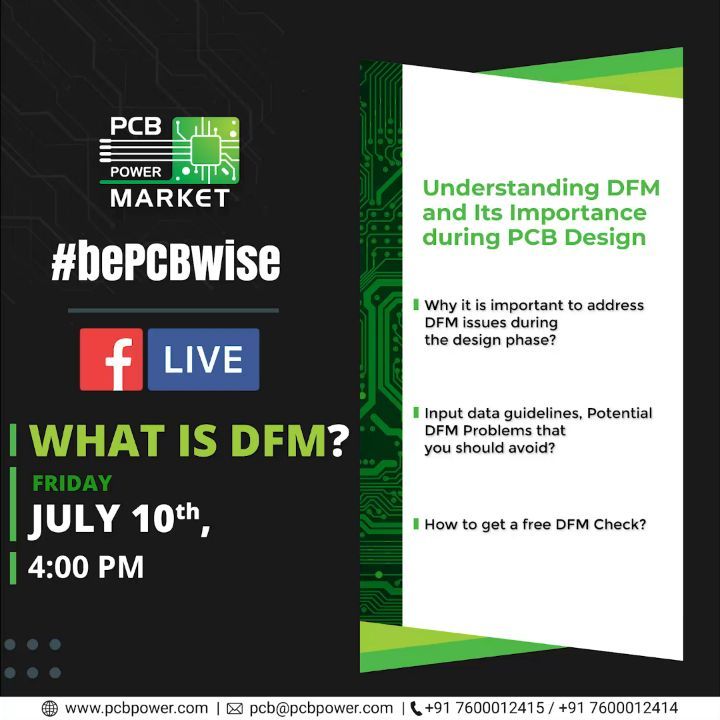 An expert from our Team is going to be live!
A session, you definitely don't want to miss!

Meet an expert from PCB Power Market explaining:-

1. What is DFM
2. Why is it important to address DFM issues
3. Its input guidelines and
4. DFM problems to avoid

We will be live on 10th July and we will answer all your queries at the end of the session, as well.

https://www.pcbpower.com/

#bePCBwise #MakeInIndia #PCBPowerMarket #PCBAssembly #PCBManufacturing #pcbdesign #pcb #printedcircuitboard #electricalengineering #electronicsengineering #pcblayout #embeddedhardware #ceramicPCB #PCBsoldering
