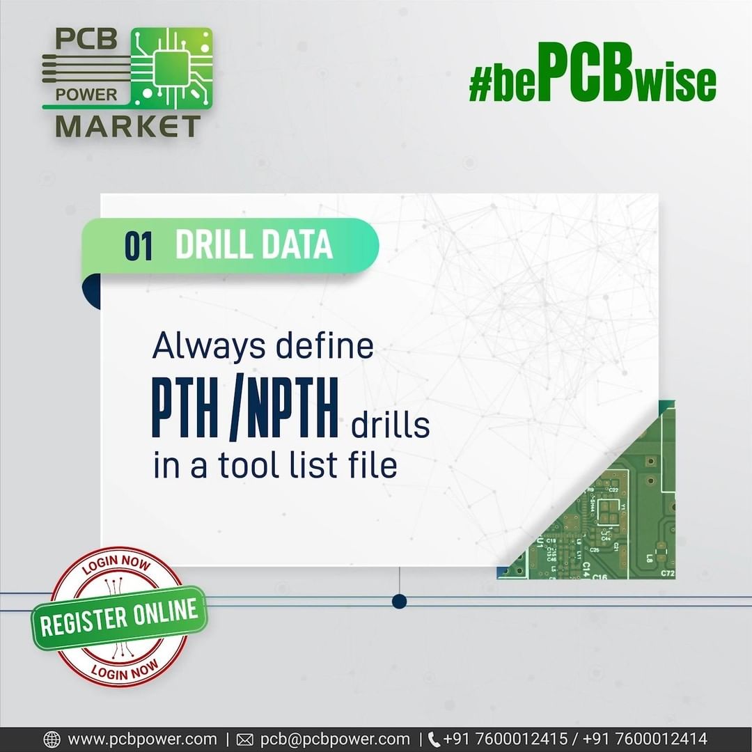 #bePCBwise and get the right information about how to give your drill data from the following steps:
Always define PTH/NPTH drills in a tool list file

In the absence of PTH/NPTH information, we determine them as following:

For 0-layer and 1-layer boards: all holes are considered as NPTH by default.

For 2-layer and multilayer boards: all holes are considered PTH except the following cases which are considered NPTH
I. Non-connected holes without copper pads.
II. Non-connected holes with copper pad size <= drill tool size
III. Connected holes with a copper pad on 1 side (outer), no connection on any other layer and no copper pad on the other side.

Define drill size in the step of 0.05mm.
Register with us online on
https://www.pcbpower.com/Pcbpower/sign-in

#MakeInIndia #SupportMakeInIndia #pcbmanufacturers #electronics #pcbelectronics #pcbdesigners #PCBPowerMarket #pcbassembly #pcbmanufacturing #pcbdesign #pcb #printedcircuitboard #electricalengineering #electronicsengineering #pcblayout #ceramicpcb #pcbsoldering #LocalKoVocal #BeVocalForLocal